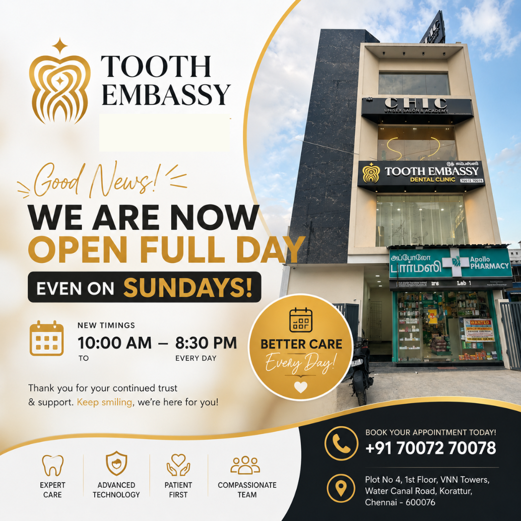 Tooth Embassy Dental Clinic Now Open on Sundays in Korattur, Chennai